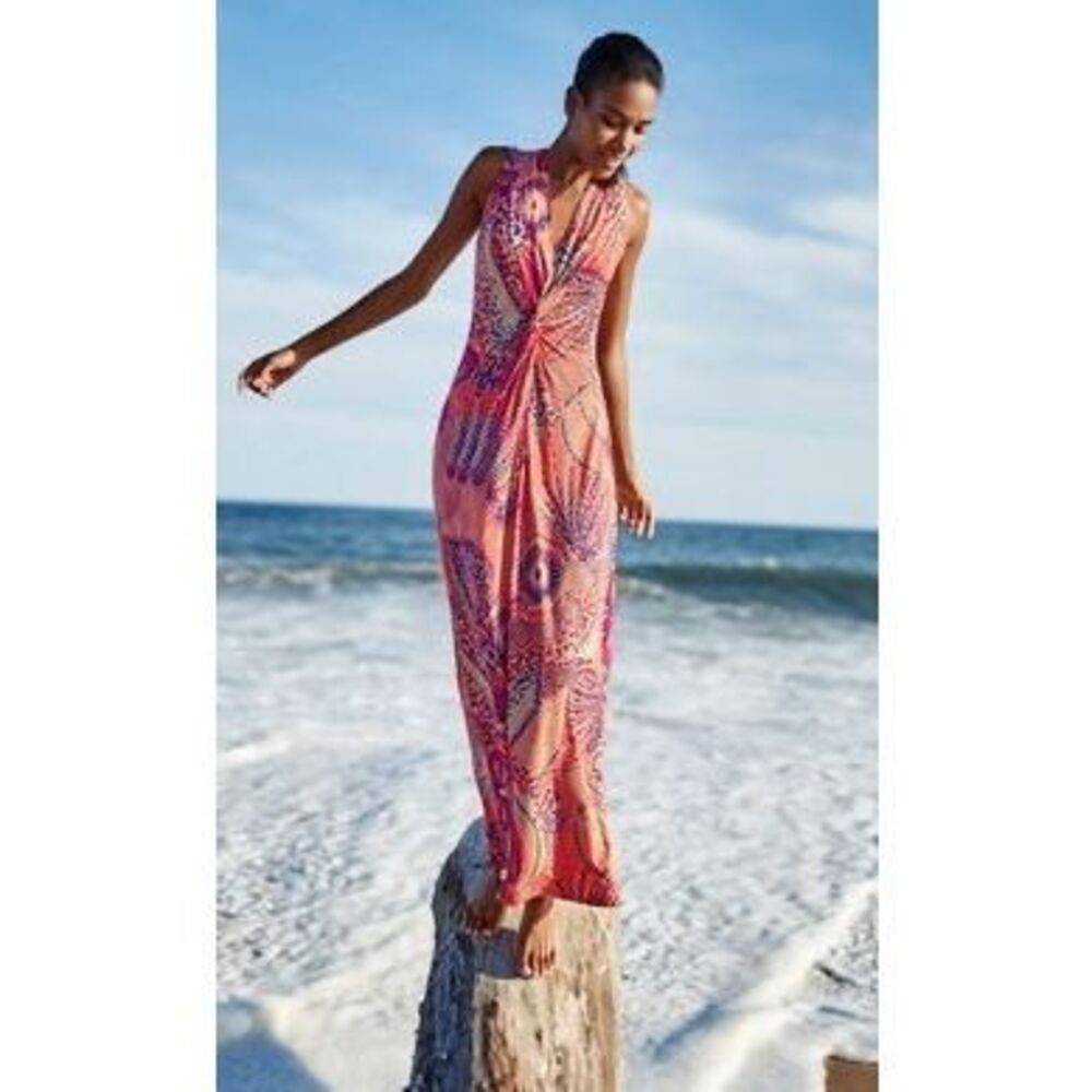 Tommy Bahama Womens Twist Front Sleeveless Jersey Maxi Dress Multicolor Small
